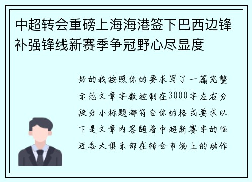 中超转会重磅上海海港签下巴西边锋补强锋线新赛季争冠野心尽显度